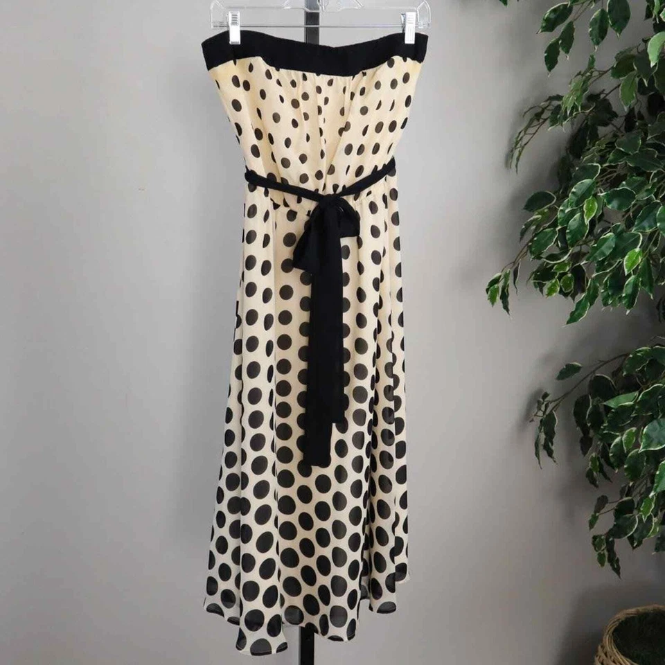 Ограниченный 100% шелк желтовато-коричневый и черный горошек платье без бретелек - Изображение 1 из 4