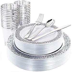 Silver Plastic Plates with Disposable Plastic Silverware & Silver Rim 25 Guest - Picture 1 of 6
