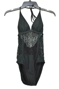 Ella Moss Womens Black Crochet One Piece Swimsuit V Neck Full Coverage Lined XS - Picture 1 of 9