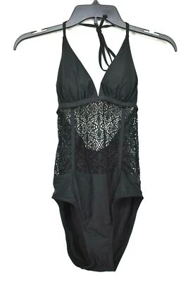 Ella Moss Womens Black Crochet One Piece Swimsuit V Neck Full Coverage Lined XS - Image 1 of 4