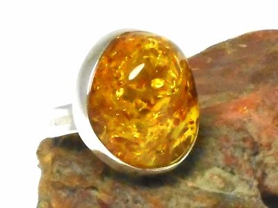 Honey  AMBER  Sterling  Silver  925  Gemstone  RING  -  Size: P - Image 1 of 4