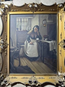 Antique "Elderly Female In Home Interior Scene" Oil On Canvas Painting - Framed - Picture 1 of 15