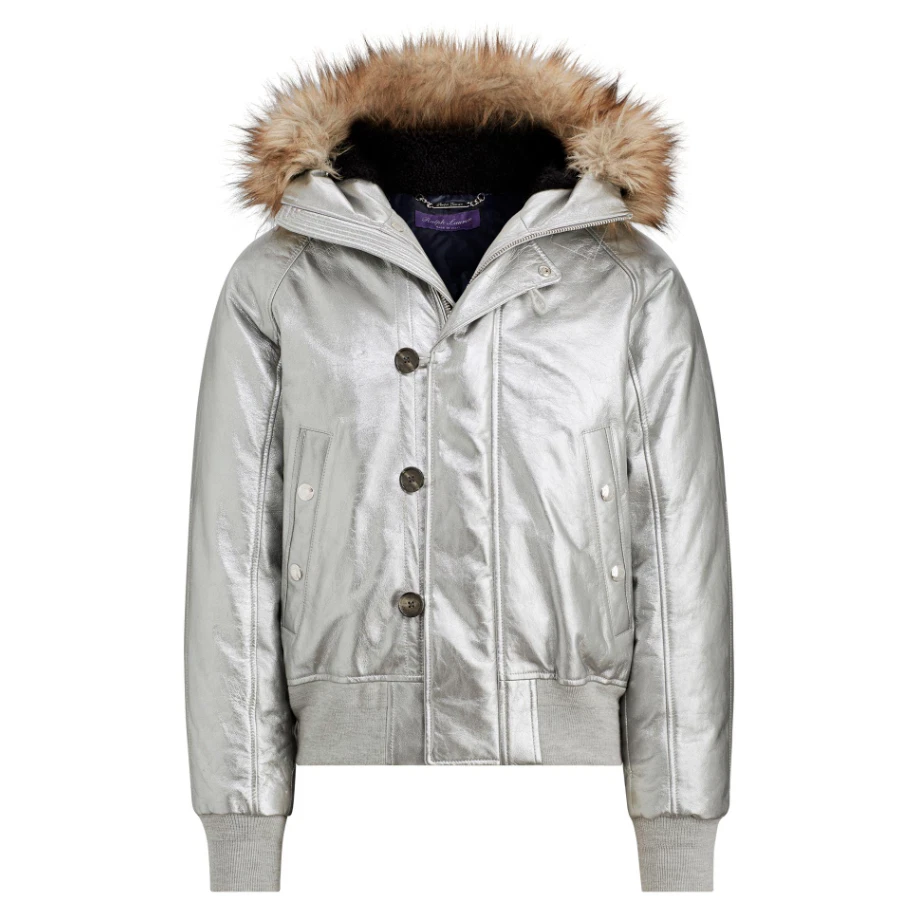 Chaqueta de bombardero Ralph Lauren etiqueta púrpura cuero de oveja lámina metálica $4,995  Foto 1 de 4