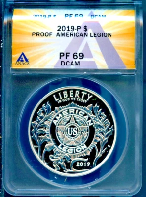 2019-P Silver $1 Proof American Legion PF69 DCAM ANACS # 7880503 + Bonus - Image 1 of 2