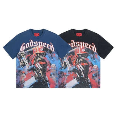 Fashion Men Women Godspeed Rock Street Washed Aged Print Black Short Sleeve - Image 1 of 4