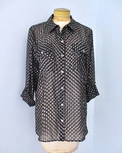 NWOT Tommy Hilfiger Black Tiny Silver Stars Silky Poly Blouse Top Roll Tab Slv M - Picture 1 of 9