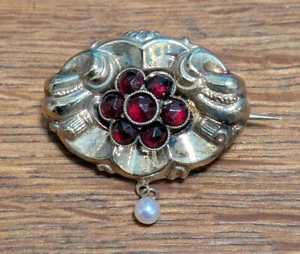 kleine Schaumgold Biedermeier Brosche Granat Perle antik Tracht Schmuck - Bild 1 von 2