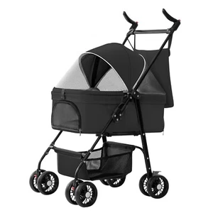 4 Wheels Folding Pet Stroller Cat Dog Stroller Portable Travel Carrier, Black - Picture 1 of 5