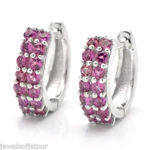 925 Sterling Silver Round Pink Rhodolite Gemstone Hoop Huggie Earrings For Her - Picture 1 of 1