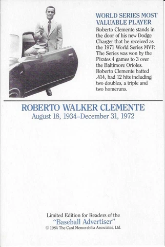 d1972 PITTSBURGH PIRATES - ROBERTO CLEMENTE - 1984 Postcard Cover