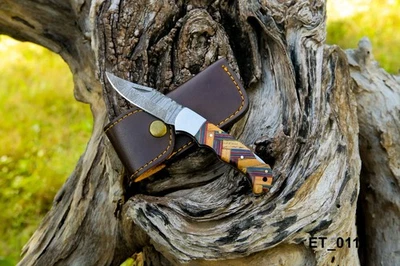 SHARD™ CUSTOM HAND FORGED DAMASCUS Steel Folding Lockback Pocket Knife W/Sheath - Image 1 of 4