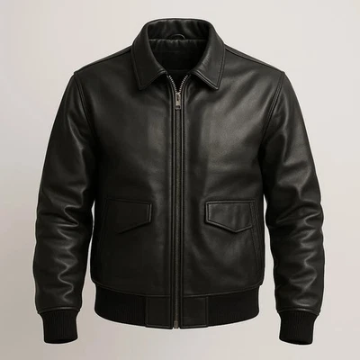Black Leather Bomber Flight Jacket | Classic Men’s Outerwear - Image 1 of 4