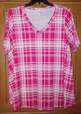 CORAZÓN MUJER TALLA 2X SE AJUSTA COMO 1X ROSA A CUADROS MANGA CORTA JERSEY TEJIDO TÚNICA TOP Foto 1 de 2