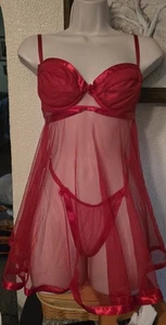 Victoria's Secret Damen Babydoll 34C rot Spitze mit Netz mit Höschen - Bild 1 von 5