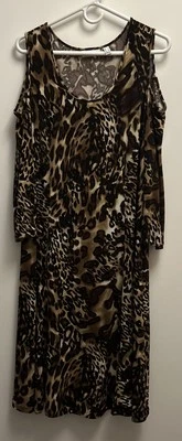 Susan Graver Liquid Knit Dress Cold Shoulder Large Party Travel Animal Print - Image 1 of 4