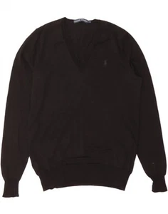 RALPH LAUREN Womens V-Neck Jumper Sweater UK 14 Large Black Merino Wool DF70 - Picture 1 of 4