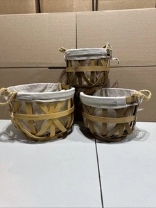 Set of 3 Rustic Wood Weave Storage Baskets W/ Fabric Liners Stackable Round Ms7 - Picture 1 of 17
