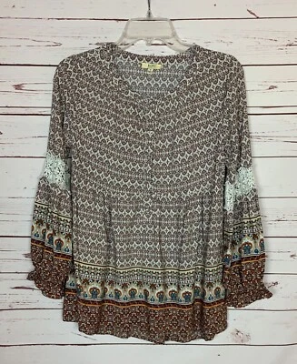 Kori America Boutique Women's M Medium Brown White Boho Lace Cute Fall Top Shirt - Image 1 of 4
