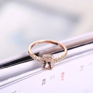 Anello matrimonio diamante impeccabile cuscino morganite rosa 7x5 mm oro rosa massiccio 18 kt - Foto 1 di 10