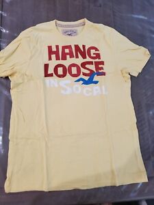 Hollister Mens T-Shirt Yellow Hang Loose In So Cal Surf Logo Size XL