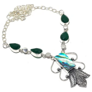 Abalone Shell Green Onyx Gemstone Silver Plated Chain Necklace 18" - Picture 1 of 1