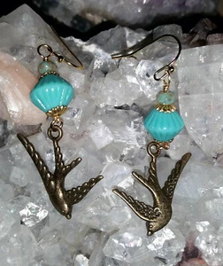 Turquoise Howlite and Czech Glass Bead Earring With Bronze Sparrow Charm - Picture 1 of 2