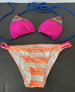 HOLLISTER Bikini Swimsuit Triangle Top Bra Sz M Pink Neon Beaded & Bottom Sz XS - Picture 1 of 17