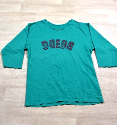 80s GUESS 3/4 Sleeve T-Shirt Tee Single Stitch Teal VTG 1980s Cut Neckline - Image 1 of 4