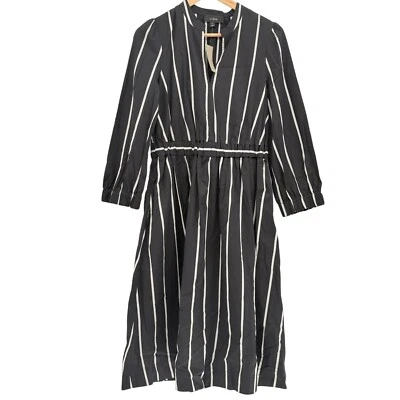 J. Vestido Crew Midi Popelina Cintura Ajustada Mujer Pequeño Negro Blanco Rayas Manga Larga Foto 1 de 4