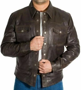 Camisa de cuero marrón para hombre piel de oveja genuina chaqueta de cuero vintage camisa-40 - Imagen 1 de 12