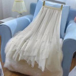 Lady Tulle Skirt Mesh Beaded Tutu Layered Dress Elastic High Waist Sheer Fashion - Picture 1 of 9