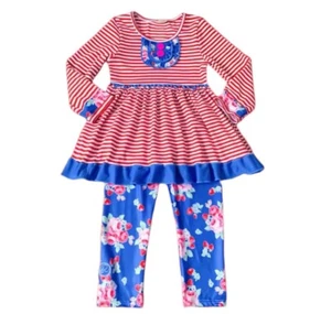 New Red & Blue Ruffle Outfit, girl, set, leggings, top, kids, floral, Size: 5/6 - Picture 1 of 3