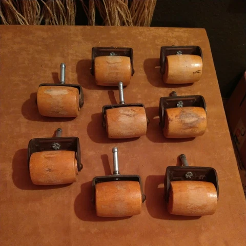 Vintage Set of 8 Wood Furniture Caster Wheel Brass/Steel Cover