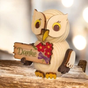 Holz Eule mit Danke-Schild Dekofigur Erzgebirge Handarbeit süß Geschenkidee Deko - Bild 1 von 3