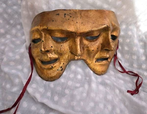 Vintage mask 3 face tragedy gold plaster mache art signed - Picture 1 of 6
