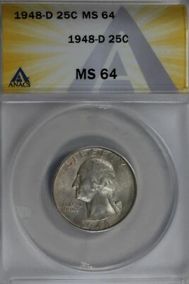 1948-D  .25   ANACS   MS 64   Washington Quarter, Silver 25 Cents (0.25) - Image 1 of 2