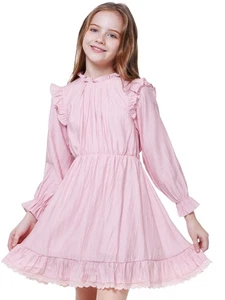 WULFUL Girls Long Sleeve Flared Belted A-line Dress Pink Size 7-8 - Picture 1 of 7