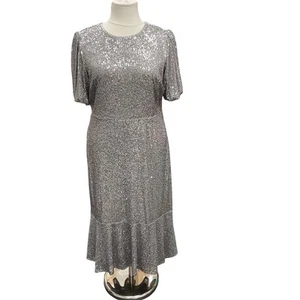 M&S Collection Sequin Midi Dress Silver Polyester Size 16 - Picture 1 of 7