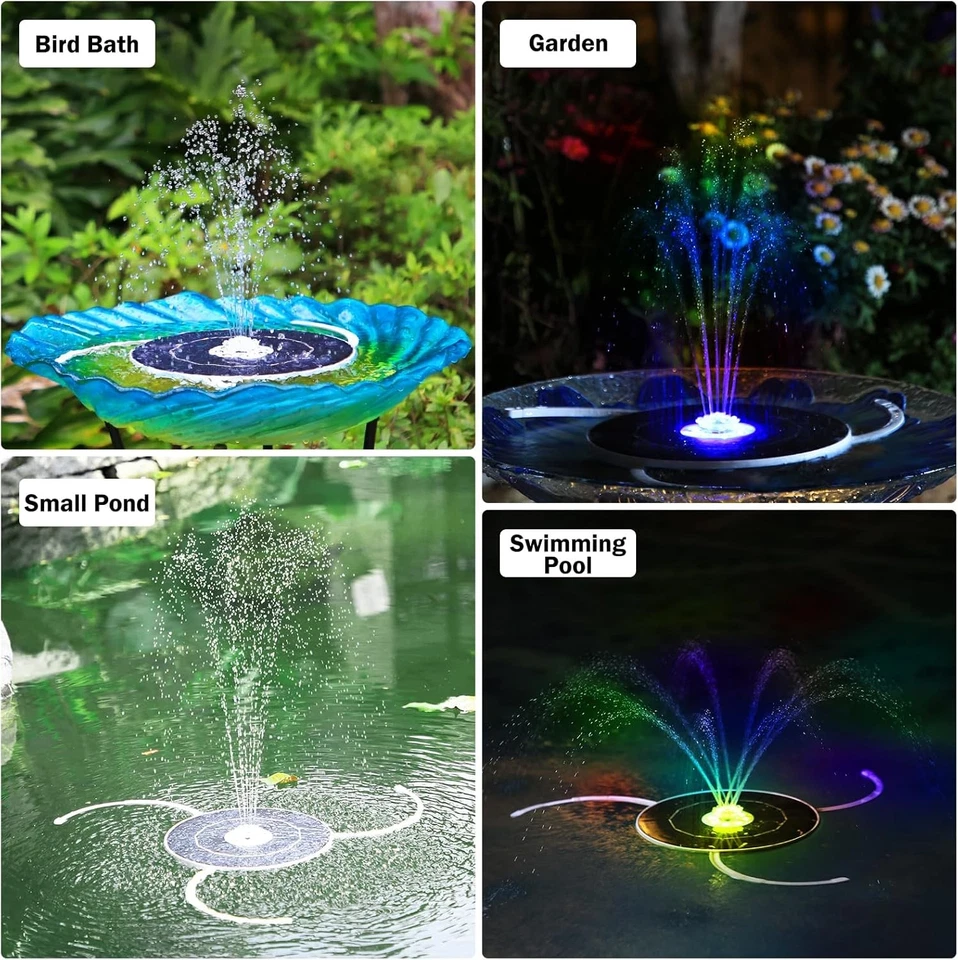 Actualización Fuente Solar Luces RGB 5.5W Fuente de Agua Alimentada Solar con 8 Boquillas Foto 1 de 4