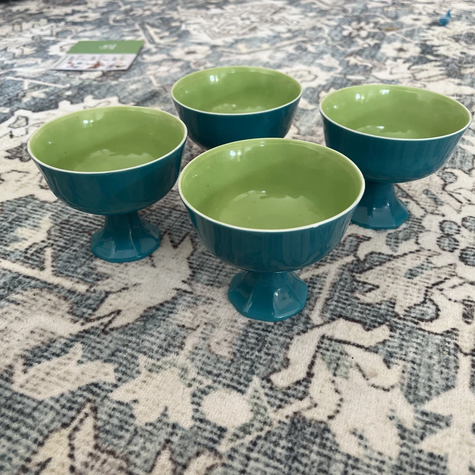 4  Footed Sherbet, Ice Cream Glass,  Teal And Lime Unknown Milk Glass Brand - Image 1 of 4