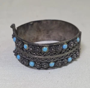 VINTAGE Antik?FILIGRANES KLAPPARMBAND MANSCHETTE Türkis Steine Silberfarben - Bild 1 von 13