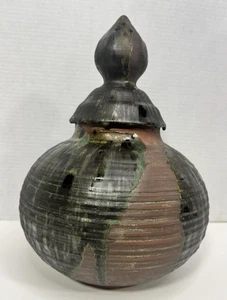 Unique Pottery Lidded Jar Urn Hand Thrown Artisan Signed Multicolor Drip Glaze - Picture 1 of 11