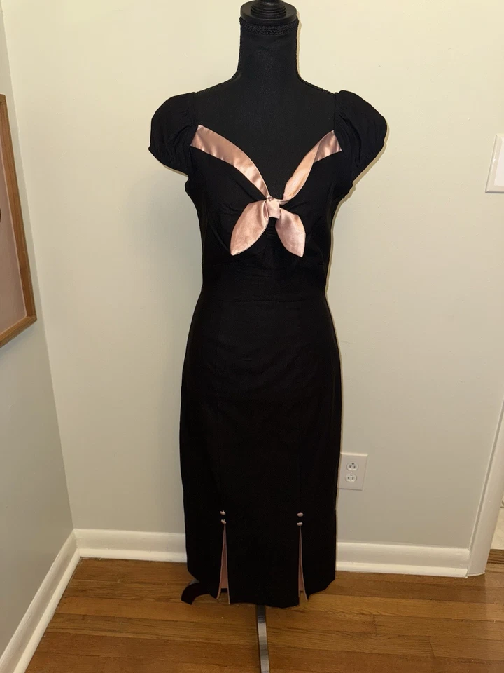 Stop Staring Dress LARGE Black Pink Rockabilly Pin Up Stretch Made USA Maxi Bow - Image 1 of 4