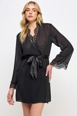 Roupão transparente BeWicked de chiffon e renda Vivian preto - Imagem 1 de 4