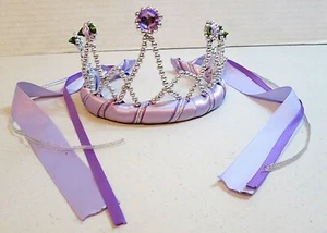CHILDRENS COSTUME PRINCESS TIARA  PURPLE RIBBONS JEWELS BEADS & FABRIC FLOWERS - Picture 1 of 6