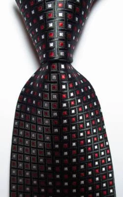 New Classic Checks Black White Red JACQUARD WOVEN 100% Silk Men's Tie Necktie - Image 1 of 2
