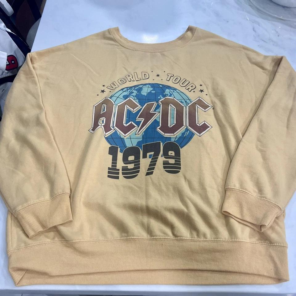 Sudadera AC/DC Mostaza Manga Larga Pullover 1979 Gira Mundial Banda Reimpresión Pequeña Foto 1 de 4