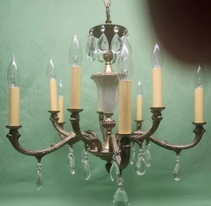 Vintage Spanish 10 arm Brass Candelabra Chandelier Ceiling Light w/ Glass Prisms - Picture 1 of 8