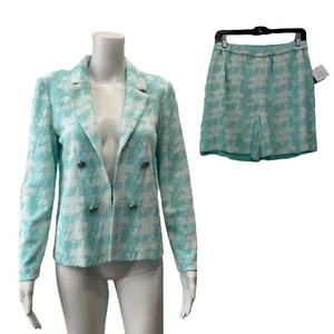 $450 NWT Ming Wang Aqua Blue White Knit 2 Piece Shirt Shorts Set size XS/S - Picture 1 of 11