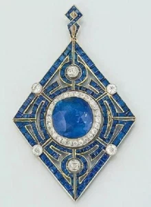 Vintage Lab Sapphire Pendant Chain 925 Silver Handmade Art Deco Luxury Jewelry - Picture 1 of 4